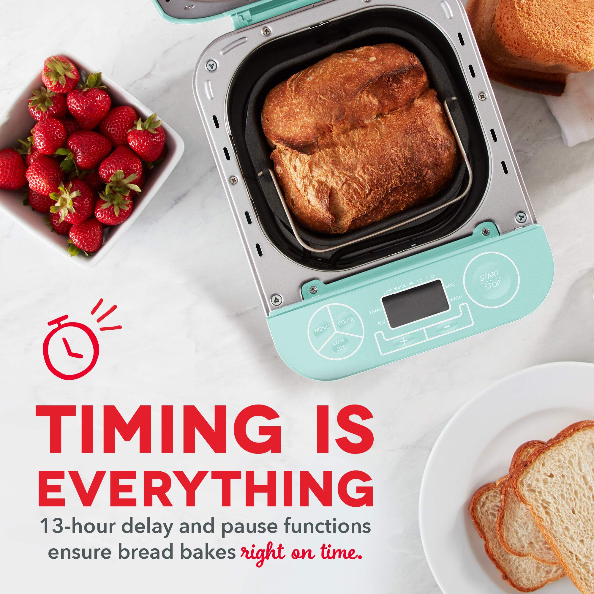 Dash Everyday Stainless Steel Bread Maker - 1.5lb Loaf Capacity, 12 Programmable Settings, Gluten-Free Option & Auto Dispenser (Aqua) | Perfect for Homemade Bread, Artisan Loaves & Gluten-Free Baking
