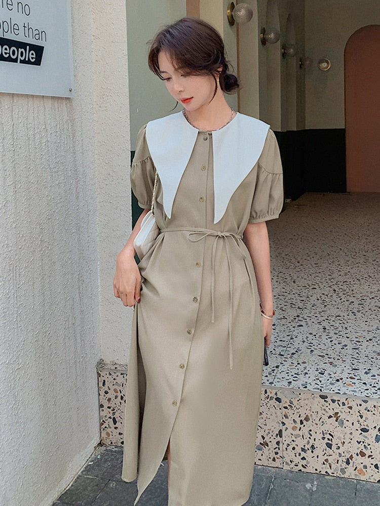 Elegant Black Lace-Up Bowknot Midi Dress for Women - Sailor Collar, Puff Short Sleeve, High Waist Summer Dress | Perfect for Beach Vacations, Date Nights & Special Occasions