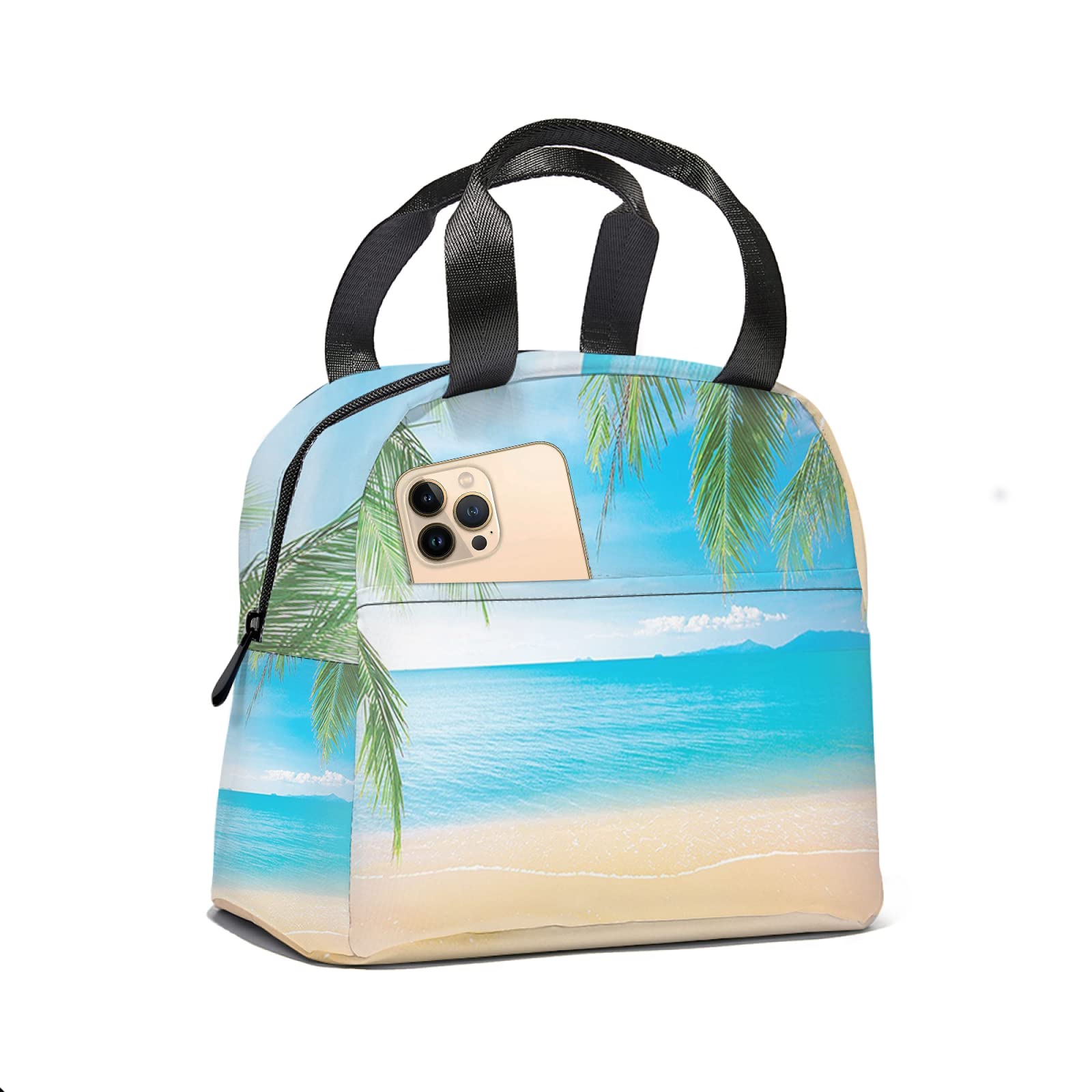 **Insulated Extra Large Lunch Tote Bag for Women - Beach, Work, Picnic & Hiking - Sky Blue & Green Sand Brown Design with Ocean Picture - Perfect for School, Office & Outdoor Activities**