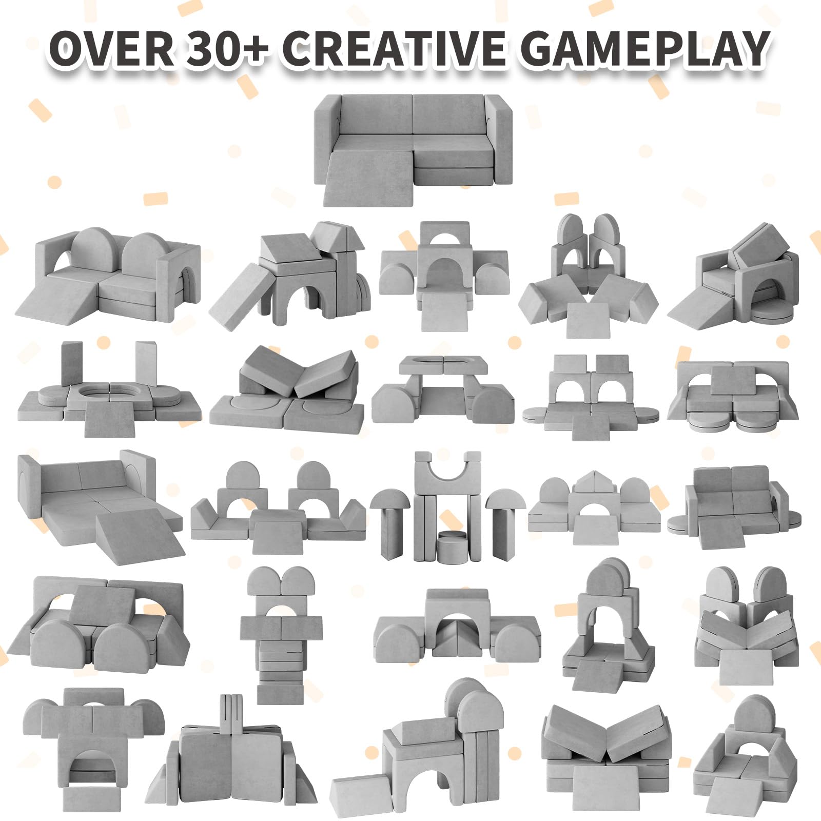 10PCS Modular Kids Play Couch - 10-in-1 Toddler Sofa with Climbing Slope for Boys & Girls | Creative Play, Climbing, Napping & Indoor Activities | Durable Gray Children's Furniture for Playroom, Bedroom & Daycare