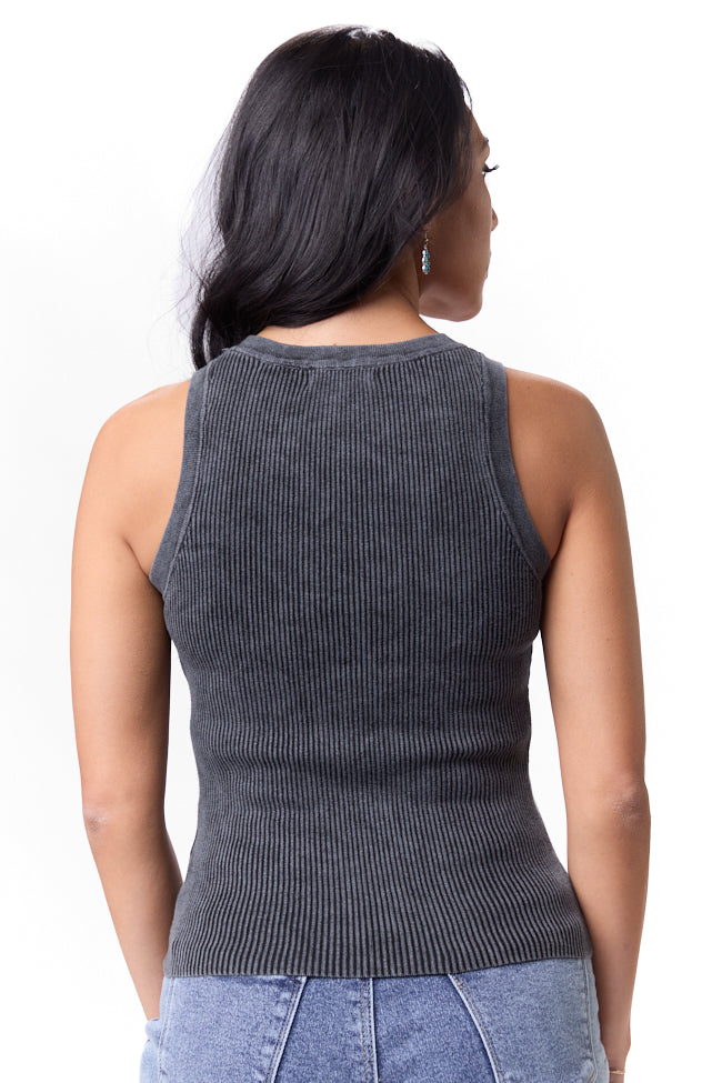 Charcoal Acid Washed Ribbed High Neck Tank Top for Women - Stylish Casual & Layering Essential - Perfect for Streetwear, Gym, and Everyday Outfits