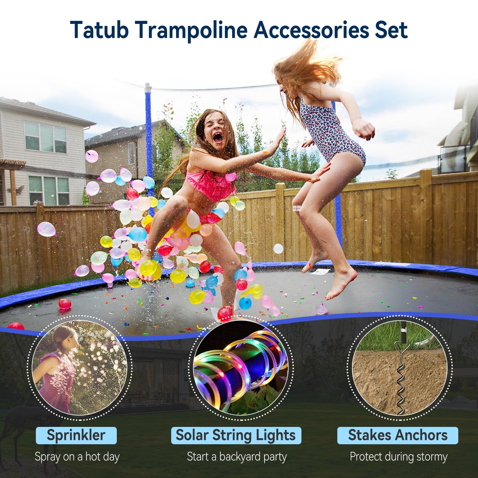 Tatub Trampoline Accessories Kit for Kids - Heavy Duty Anchor Stakes, Net-Friendly Sprinkler & 50FT Waterproof LED Lights - Fits 8-16FT Trampolines - Perfect for Backyard Water Play & Nighttime Jumping Fun