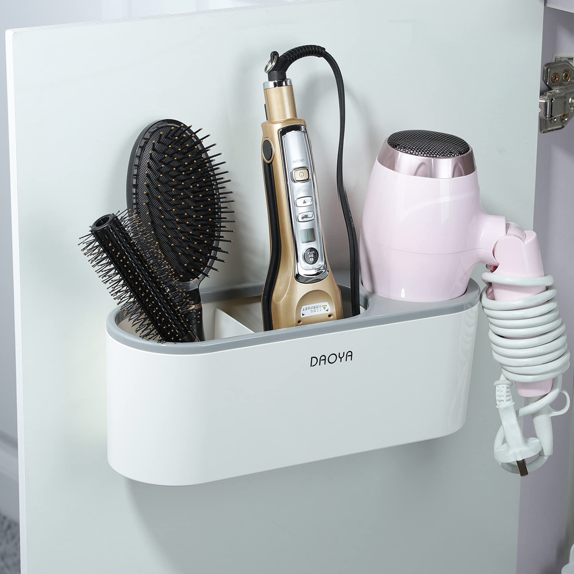 3-in-1 Hair Dryer Holder & Hot Tool Organizer for Bathroom - Blow Dryer, Curling Iron & Straightener Storage - Perfect for Cabinet Door Mount & Styling Tools Organization