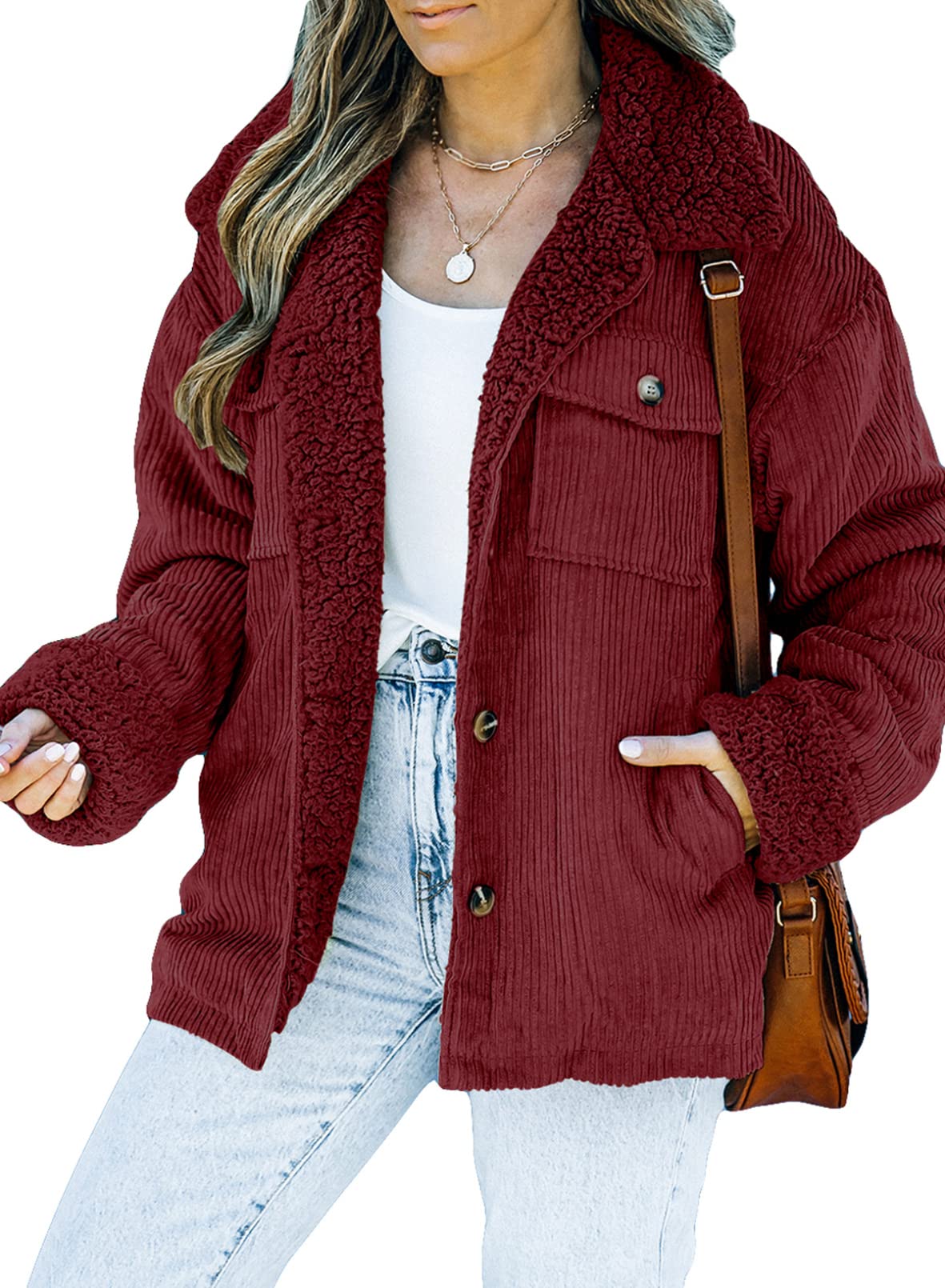 Dokotoo Women's Corduroy Sherpa Jacket with Fleece Lining & Fur Collar - Winter Warm Button Down Coat for Casual Outings & Outdoor Activities