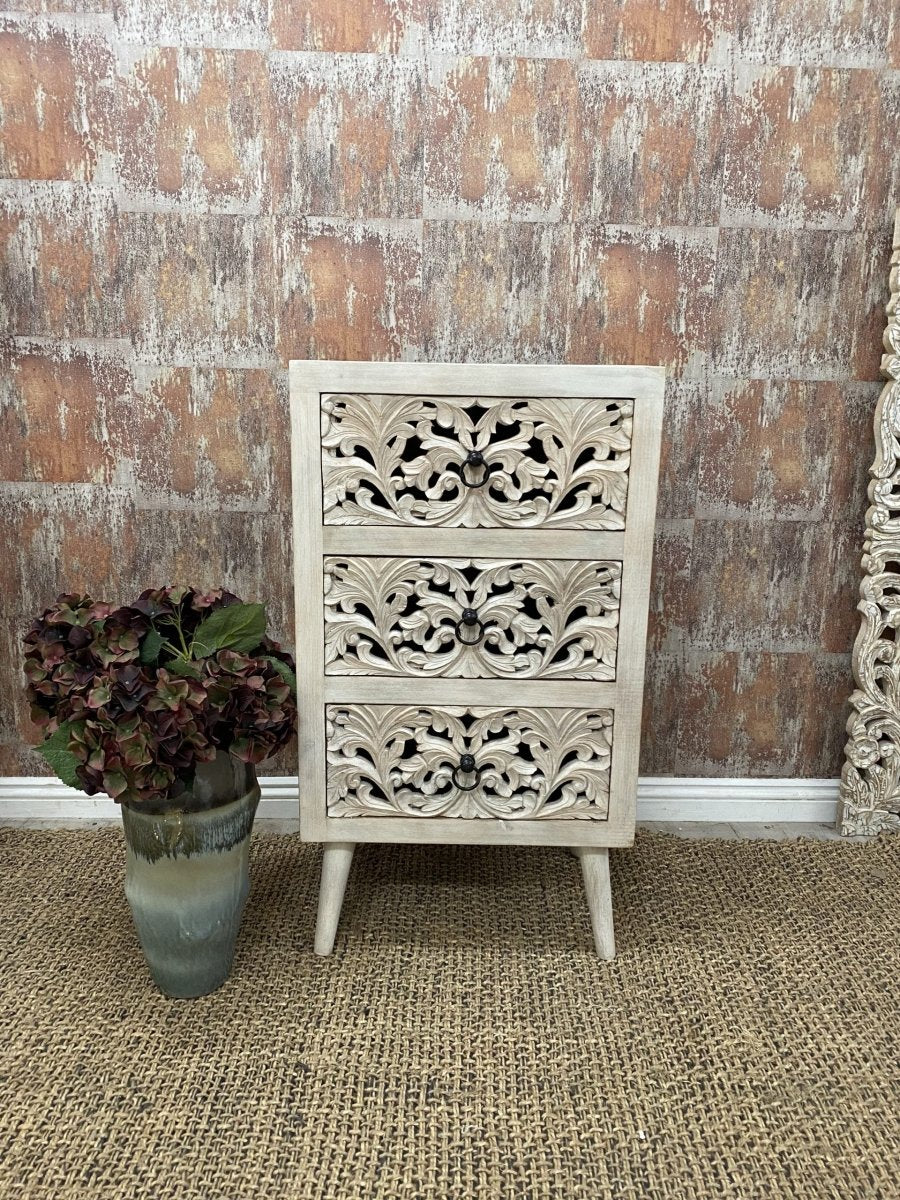 Hand Carved White Night Stand | Handmade Wooden Bedside Table for Bedroom - Perfect for Small Spaces & Modern Home Decor