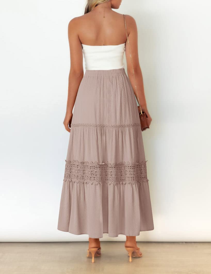MEROKEETY Women's Boho Elastic High Waist Pleated A-Line Ruffle Lace Trim Tiered Midi Maxi Skirt with Pockets - Perfect for Summer, Beach, Vacation & Casual Outfits