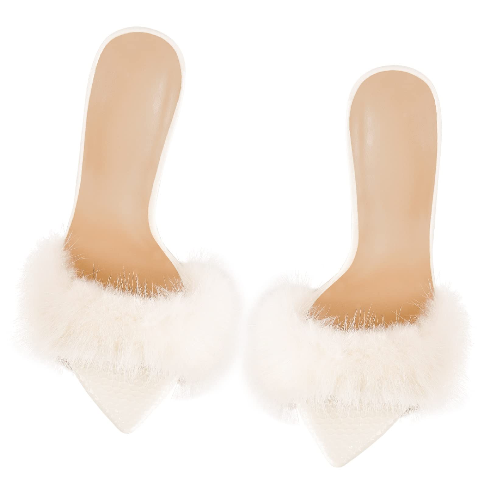 Richealnana Women's Fuzzy Fur Mules Slip-On High Heel Sandals - Comfortable House Slippers & Fashionable Lounge Shoes for Women