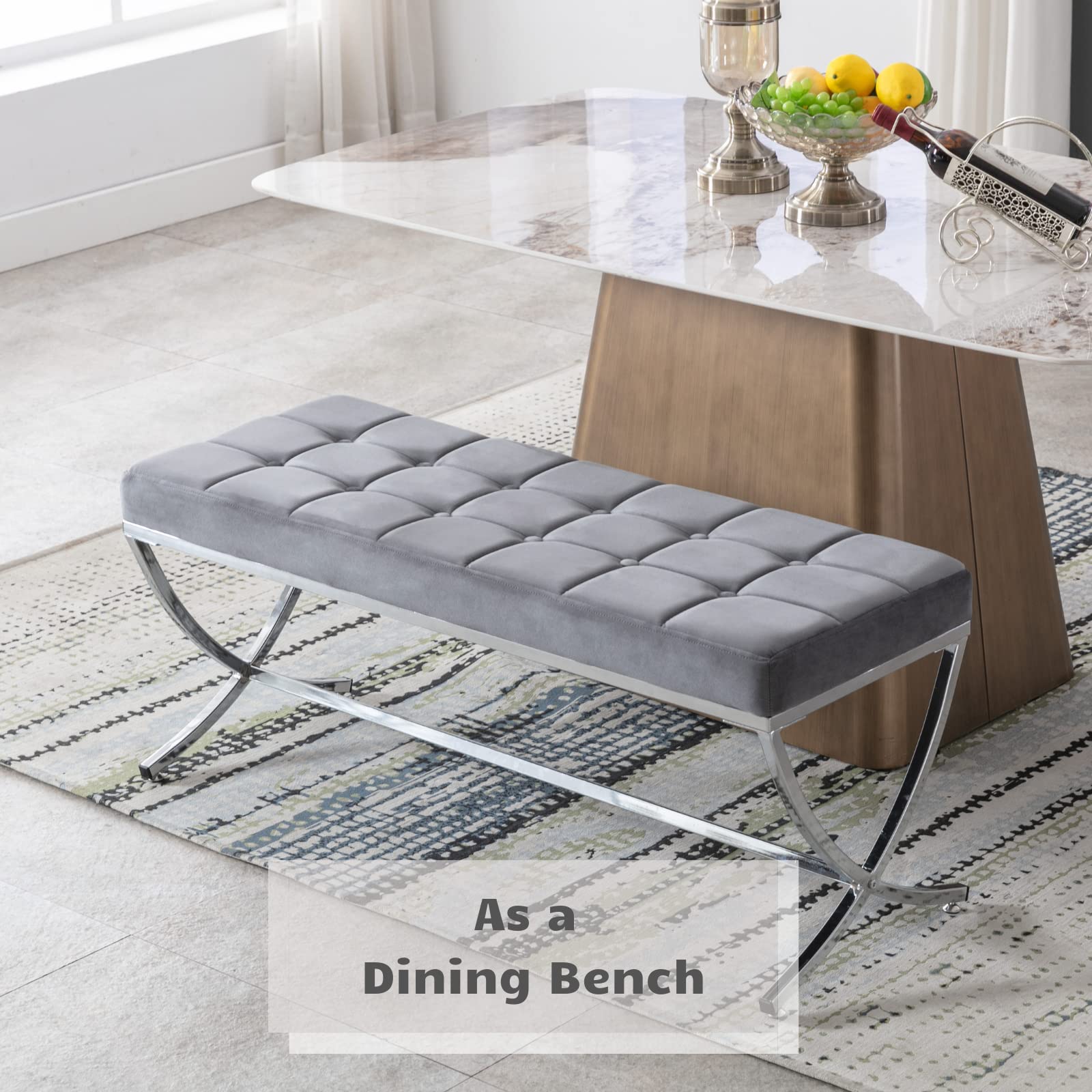 Modern Velvet Upholstered Dining Bench with Button Tufted Design & Sturdy Metal Legs - Grey Ottoman Footstool for Kitchen Table, Living Room Seating & Entryway Decor
