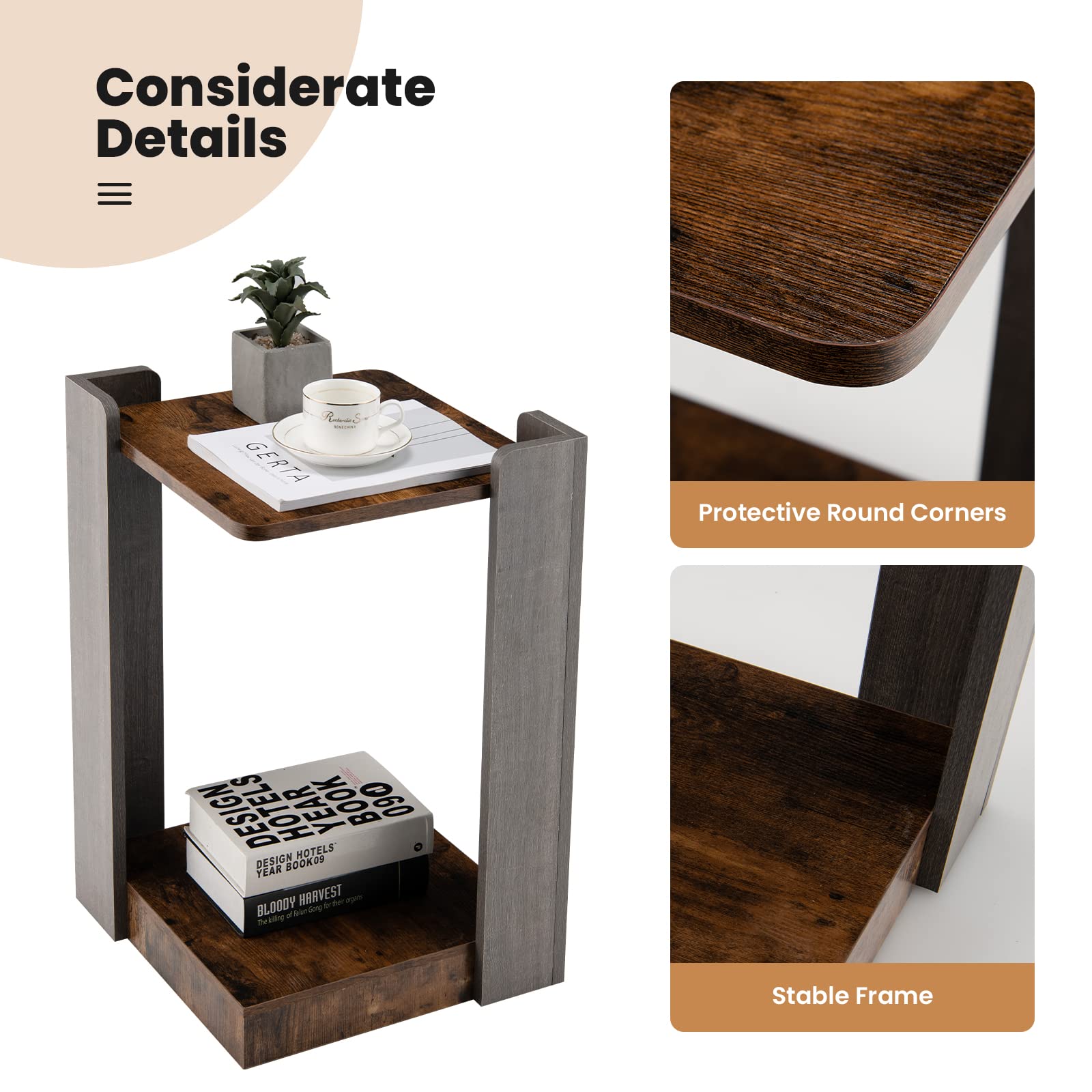 Giantex 2-Tier End Table with Open Storage Shelf - Square Side Table for Small Spaces, Nightstand for Bedroom, Rustic Coffee Accent Table for Living Room | Perfect for Sofa, Bedside & Home Decor
