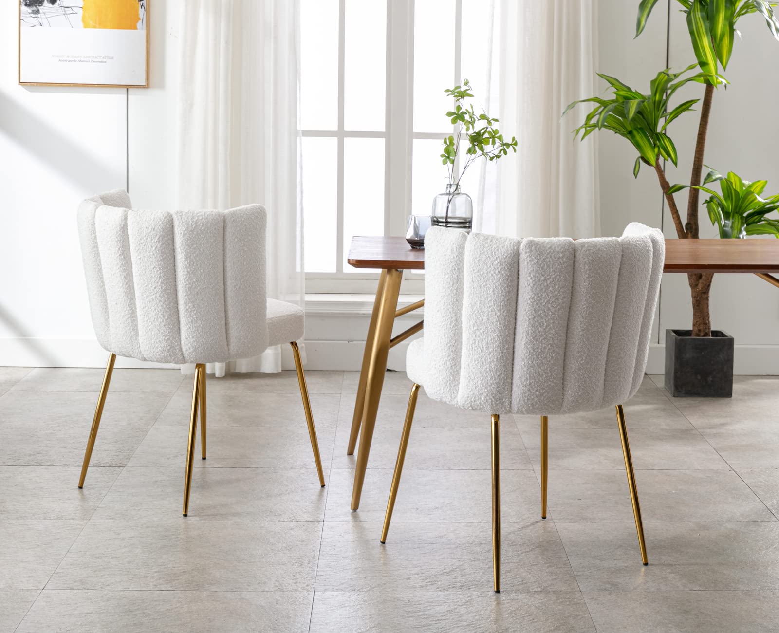 Set of 2 Mid Century Modern Dining Chairs with Gold Metal Legs & White Boucle Upholstery - Elegant Accent Chairs for Living Room, Kitchen, Dining Room & Bedroom Decor | Perfect for Small Spaces, Breakfast Nooks & Contemporary Home Interiors