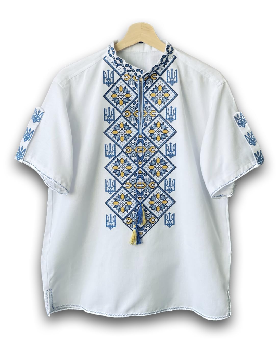 Authentic Ukrainian Vyshyvanka Embroidered Shirt for Men & Women - Yellow & Blue Trident Design, Gender Neutral Traditional Top, Family Matching Outfits, Short Sleeve Cultural Shirt (Sizes XXS-7XL) - Perfect for Folk Festivals, Cultural Events & Ethnic Fashion