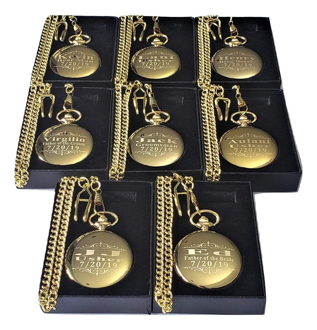 7 Personalized Engraved Pocket Watches for Groomsmen - Custom Wedding Gift Set with Chain & Gift Box - Free Engraving Included - Perfect for Weddings, Anniversaries & Special Occasions