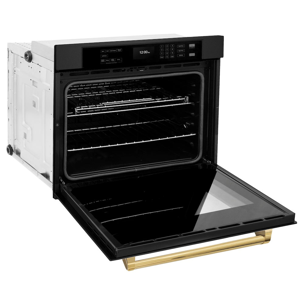 ZLINE Autograph Edition 30 Inch Black Stainless Steel Wall Oven with Air Fry & Self Clean - Professional True Convection Oven with Polished Gold Handle - Perfect for Home Chefs & Modern Kitchens (WASBZ 30 G)