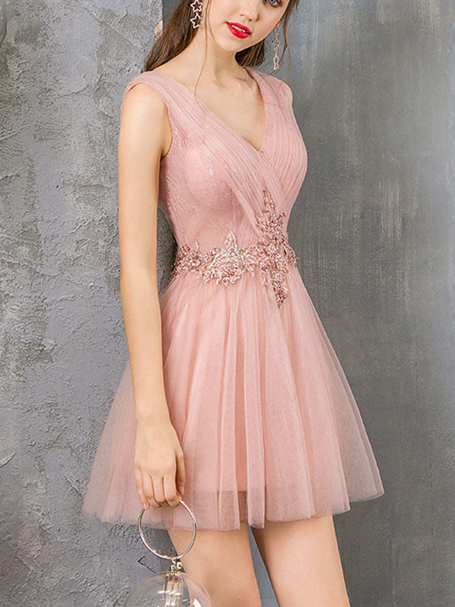 Elegant Pink V-Neck Tulle Lace Short Prom Dress for Homecoming - Perfect for Parties, Dances & Special Occasions