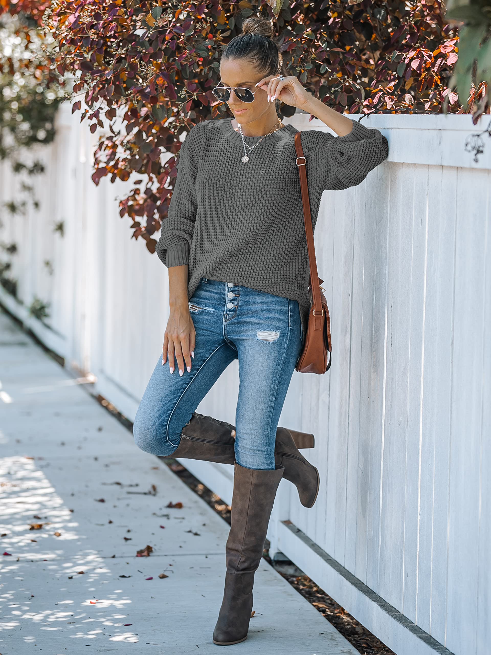MEROKEETY Women's 2024 Fall Casual Waffle Knit Sweater - Long Balloon Sleeve Loose Pullover Jumper for Autumn Outfits | Perfect for Office, Coffee Dates & Weekend Outings