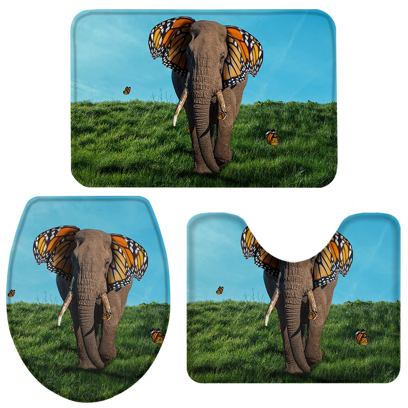 3-Piece Non-Slip Bathroom Rug Set - Elephant with Butterfly Ears Contour Mat, Toilet Lid Cover & Absorbent Shower Mat - Soft Green Grass Landscape Design for Bathroom Safety and Comfort | Perfect for Kids' Bathrooms, Guest Bathrooms & Eco-Friendly Home Decor