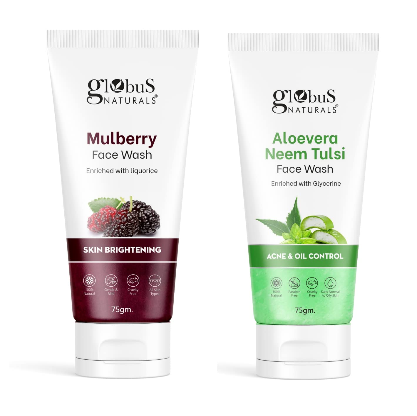 Globus Naturals Fairness & Anti Acne Face Wash Combo Set - 2 Pack with Aloe Vera Neem Tulsi & Mulberry (75g Each) for Clear, Glowing Skin - Perfect for Daily Skincare Routine and Acne-Prone Skin