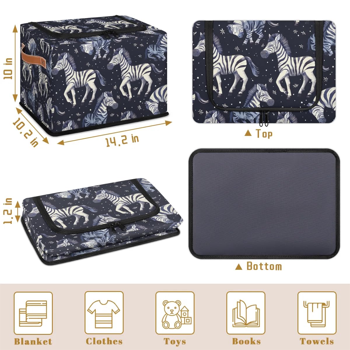 Black Zebra Print Storage Bins with Zipper Lid - 2 Pack Stackable Closet Organizer Baskets, Metal Frame Storage Cubes with PU Handles - Perfect for Clothes, Toys, and Home Organization