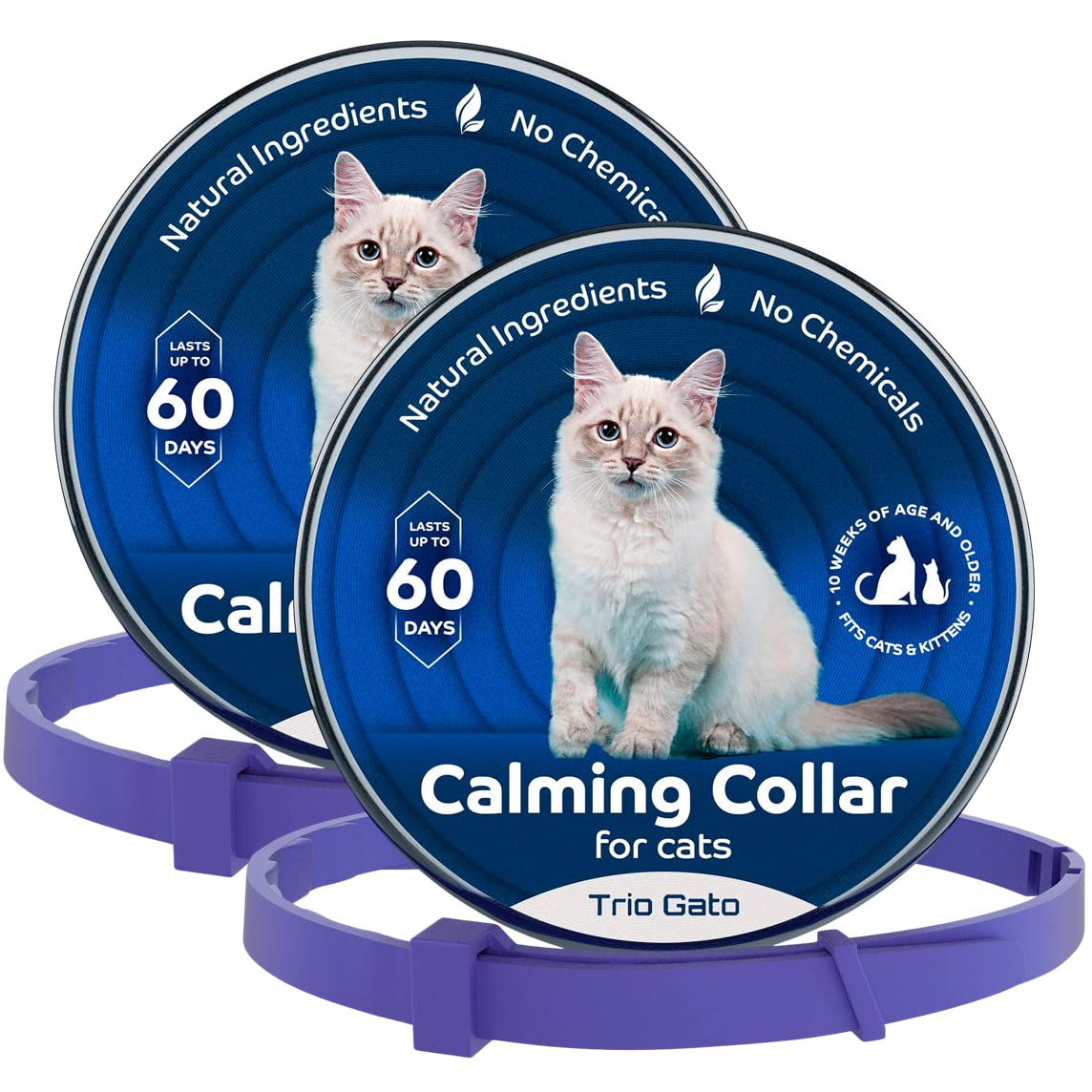 2 Pack Natural Calming & Relaxing Cat Collars - Reduce Anxiety, Adjustable Size for All Cats, Lasts Up to 60 Days - Perfect for Travel, Vet Visits & Stress Relief - by TrioGato