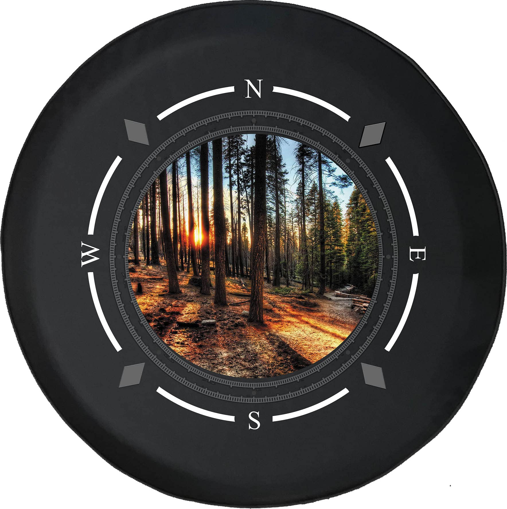 Premium American Unlimited Spare Tire Cover with Compass Design - Sun & Tall Pines California Forest Pattern - Universal Fit for SUV, Trailer, RV & Most Vehicles - Durable Wheel Protection for Outdoor Adventures & Road Trips