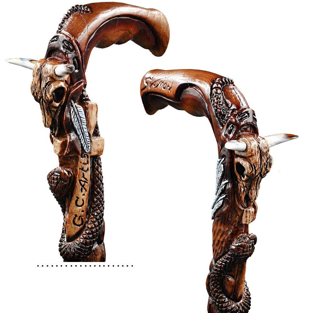 Handcarved Buffalo Skull Snake Wooden Walking Cane - Artisan Crafted Hiking Stick for Outdoor Enthusiasts & Western Decor
