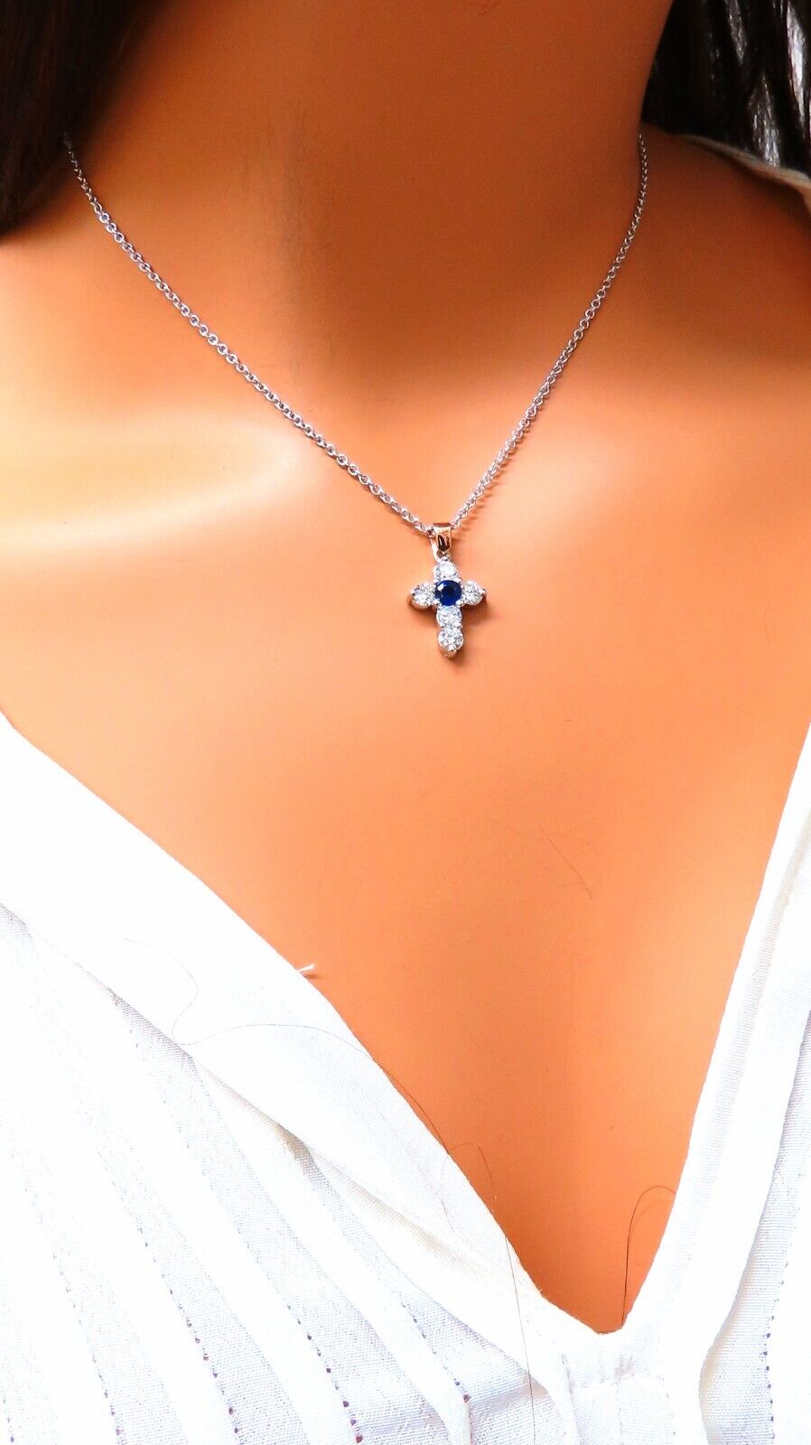 0.40ct Natural Blue Sapphire & Diamond Cross Pendant Necklace in 14K Gold - Perfect for Gifts, Weddings & Religious Occasions