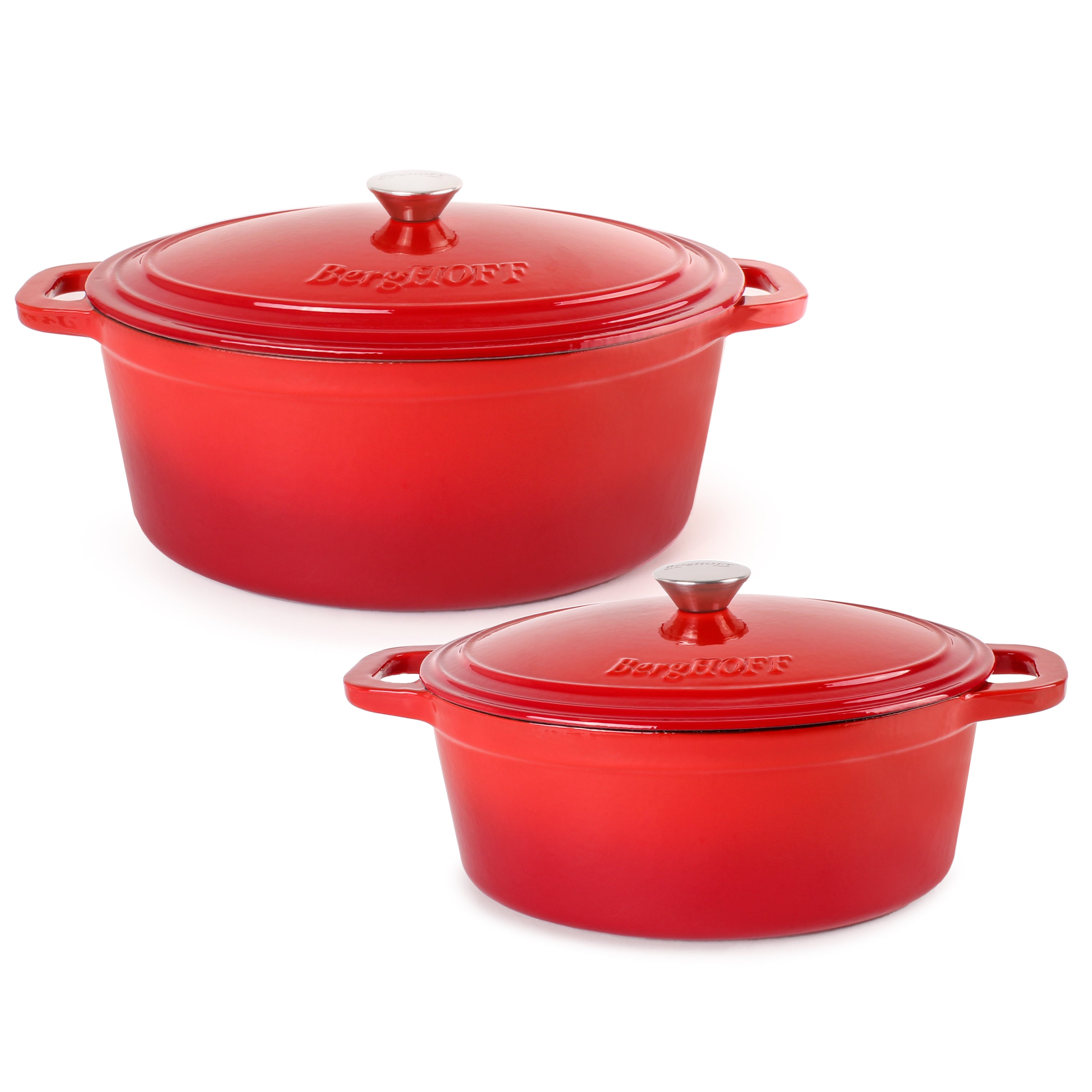 BergHOFF Neo 4-Piece Cast Iron Cookware Set - 5 Quart & 8 Quart Dutch Oven with Lid - Premium Red Enameled Cookware for Braising, Stewing & Baking - Perfect for Stovetop, Oven & Camping Cooking