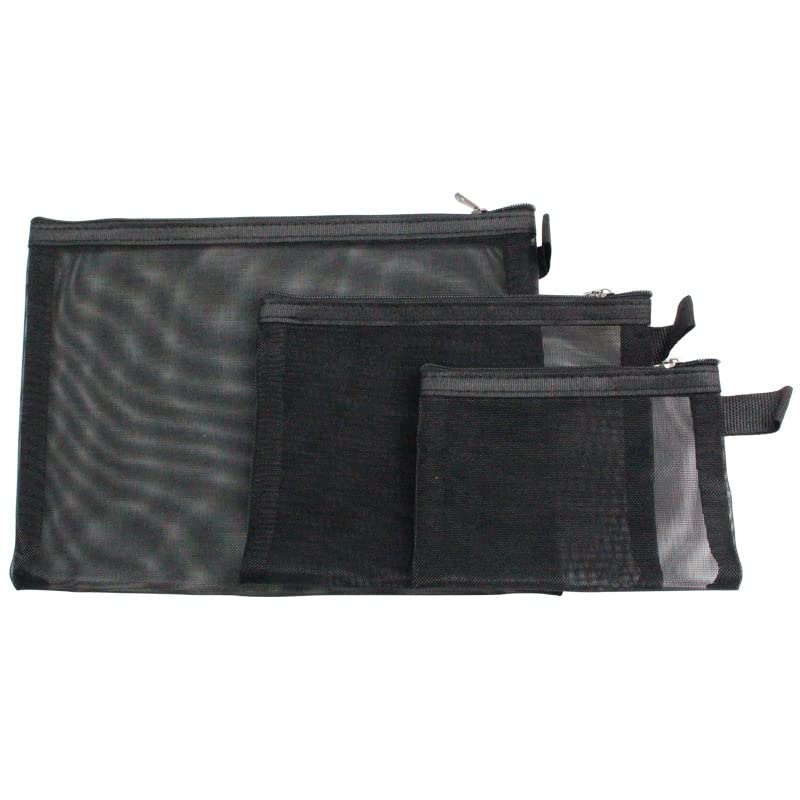 GELIMY 3-Piece Black Mesh Makeup Travel Bag Set with Zipper - Waterproof Cosmetic Pouch Organizer for Women & Men (3 Sizes, Size 2) - Perfect for Travel, Gym, and Daily Essentials Storage