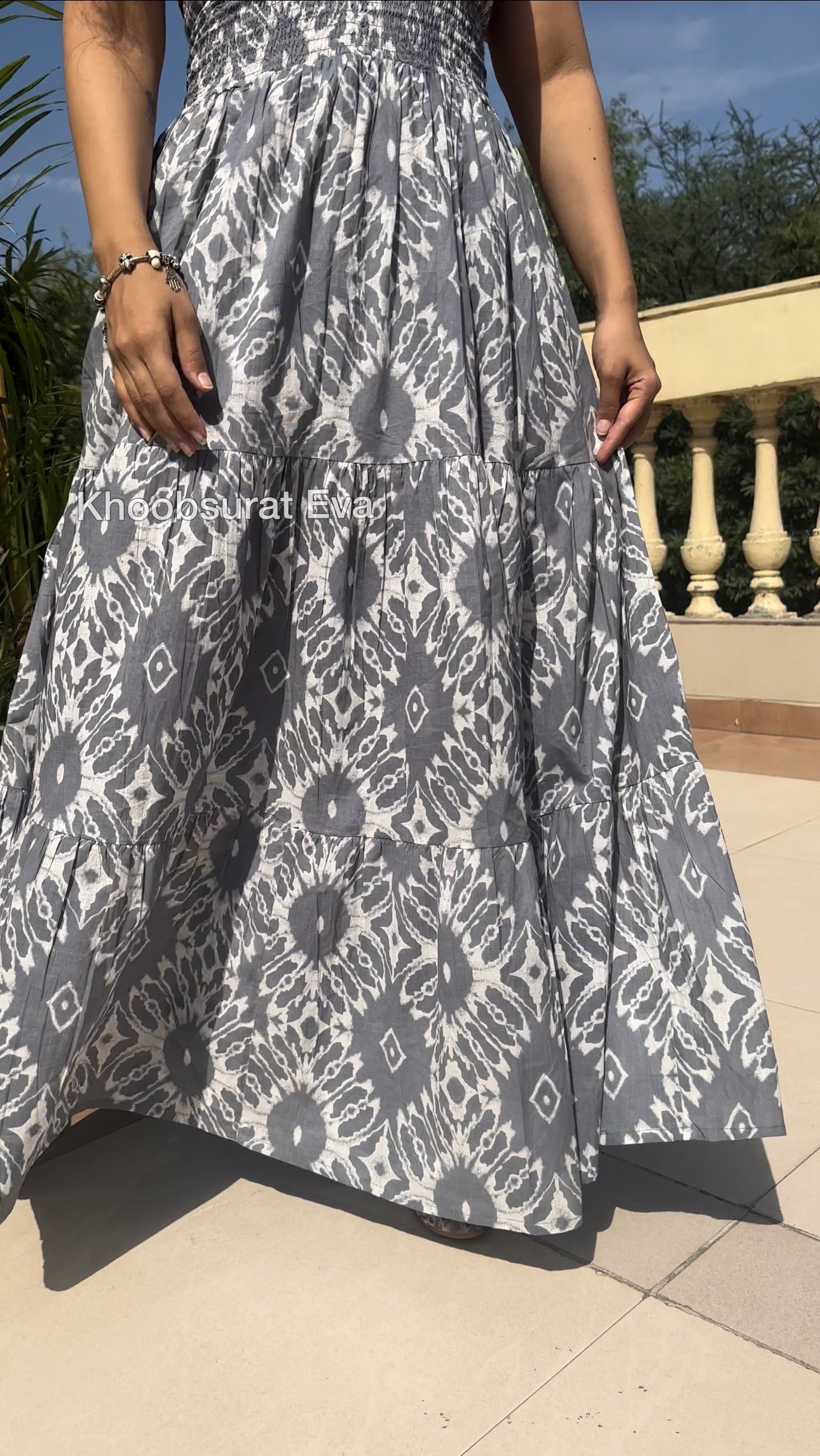 Grey Cotton Tiered Maxi Dress for Women - Flowy Summer Beach Dress, Casual Boho Chic Outfit for Vacations & Outdoor Events