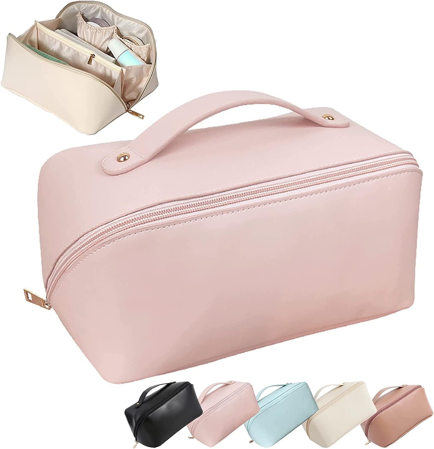Waterproof Leather Travel Makeup Bag - Double Layer Cosmetic Organizer with Large Zipper Pouch, Portable Toiletry Bag for Women & Girls (Pink) | Perfect for Vacation, Gym, Business Trips & Daily Essentials Storage