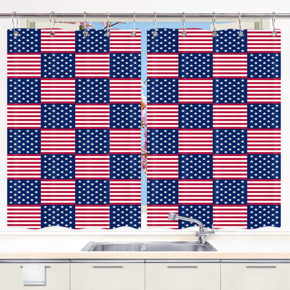 JAWO USA Flag Kitchen Window Curtains - Patriotic American Stars & Stripes Curtain Panels for Independence Day & Memorial Day Decor (Set of 2 with Metal Hooks, 55