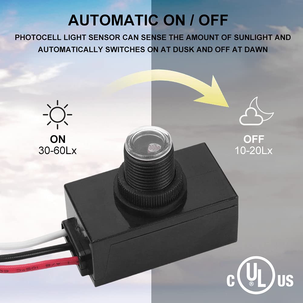 1 Pack Outdoor Photocell Light Sensor - Dusk to Dawn Auto On/Off Photo Control Sensor for Hard-Wired Post Eye Light & Lighting Fixtures | Weatherproof Photoelectric Switch for Porch, Garden, Pathway & Security Lighting