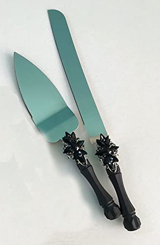 Elegant Black Wedding Flutes & Cake Server Set for Bride & Groom - Engraved Cake Knife & Server - Perfect for Wedding Ceremony, Reception & Anniversary Celebrations