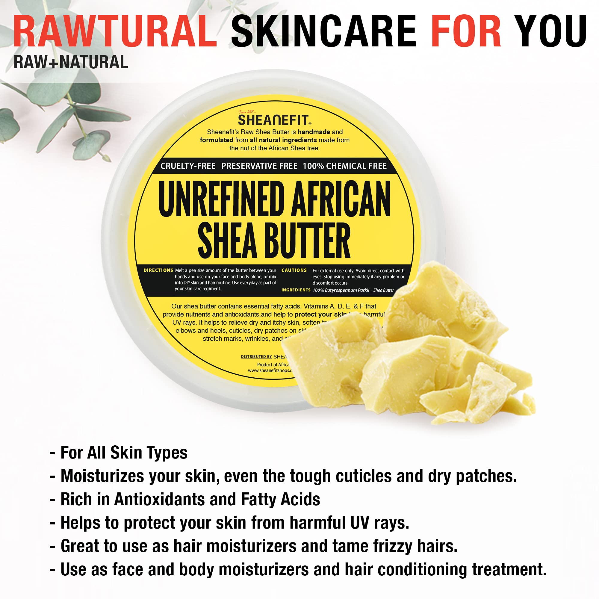 Organic Raw Unrefined African Shea Butter - 100% Pure Natural Moisturizer for Dry Skin & Hair Care - Deep Conditioning Treatment for Face, Body & Scalp - 16oz Yellow Shea Butter Jar - Perfect for DIY Skincare, Massage & Eczema Relief