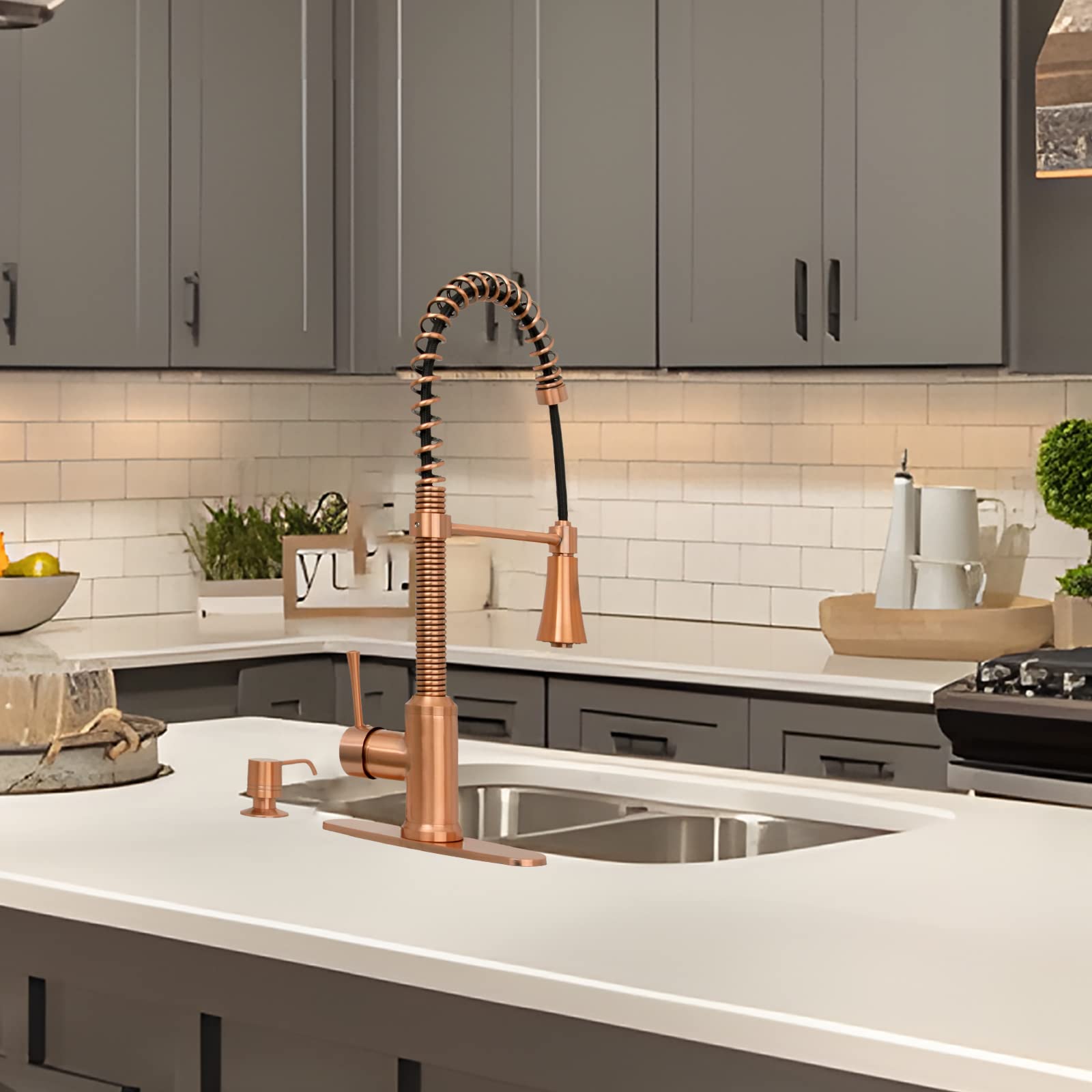 Akicon Brass Pull Down Kitchen Faucet - High Arc Sprayer for Sink (Copper) - Perfect for Modern Kitchens