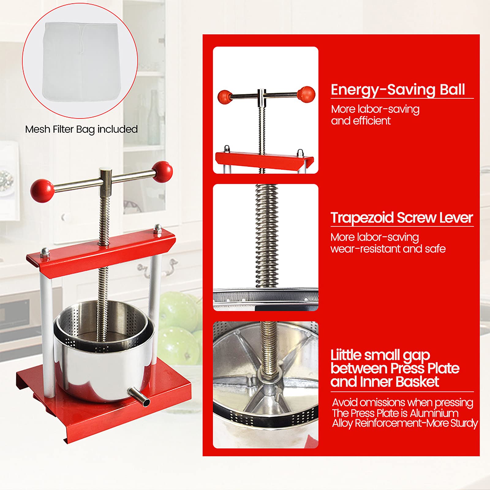 Premium Manual Fruit Wine Press - 1.6 Gallon/6L Stainless Steel & Iron Juice Extractor for Apple Cider, Grape Wine, Olive Oil - Heavy Duty with Power Ball Handle - Perfect for Home Brewing, Winemaking & Kitchen Use