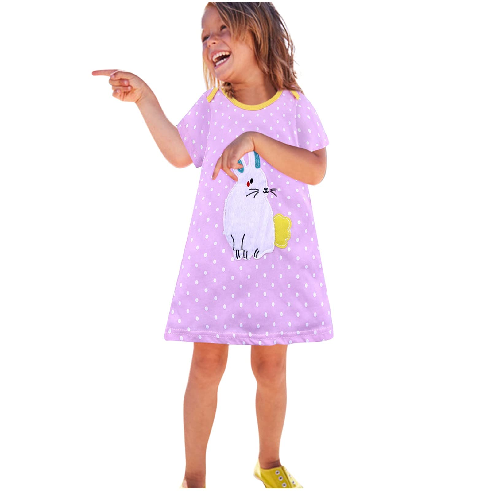 Girls Summer Casual Dress - Short Sleeve Cotton Cartoon Print Baby Kids Dresses for 4th of July, Beach, Birthday & Playtime Outfits