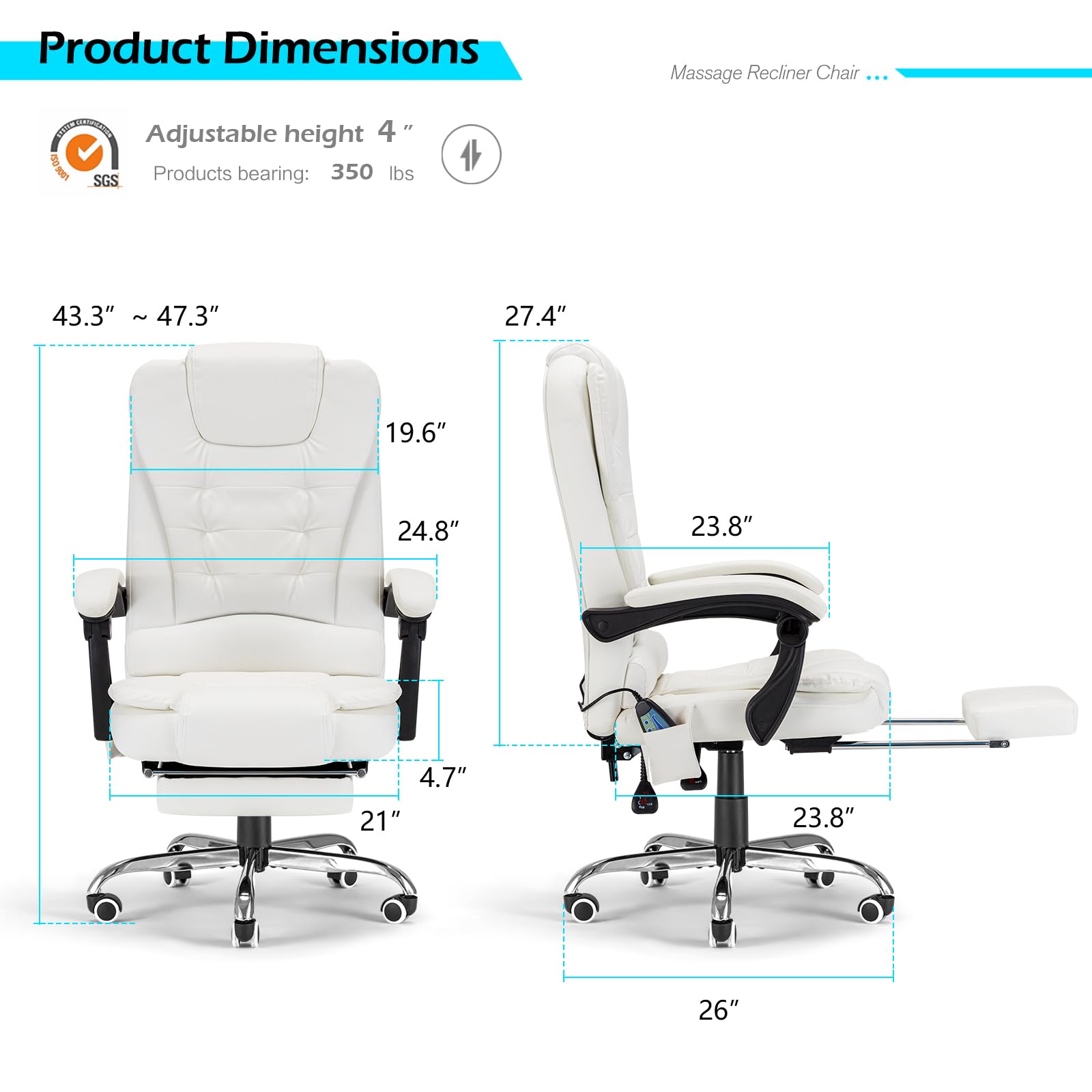Premium Ergonomic Reclining Office Chair with 7 Massage Points & Heating Function - High Back Executive Desk Chair with Retractable Footrest - 360° Swivel Computer Chair for Home & Office (White) - Perfect for Long Work Hours, Gaming & Relaxation