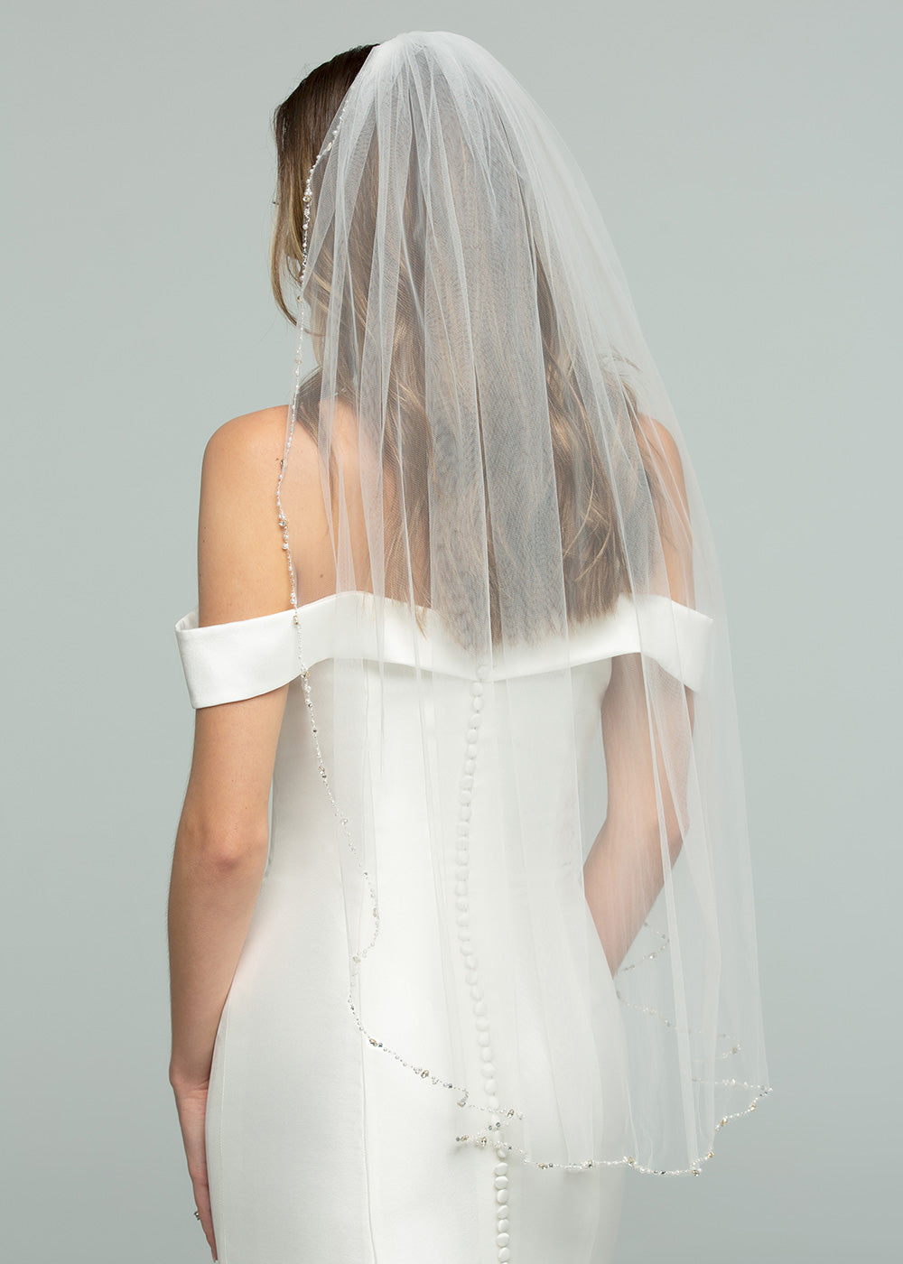Elegant V1022 Fingertip Veil with Delicate Beading - Perfect for Weddings, Bridal Showers & Formal Events