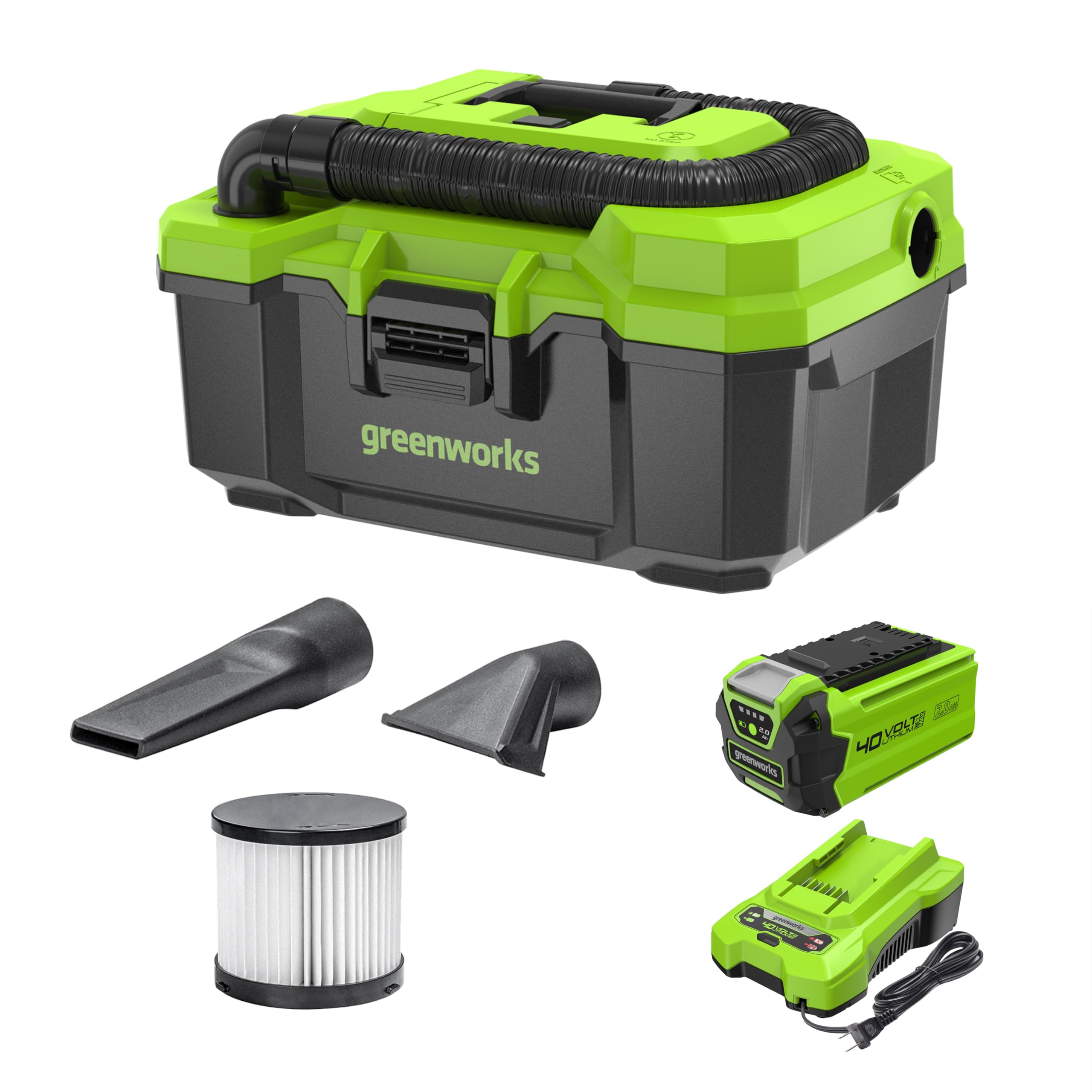 Greenworks 40V 3 Gallon Cordless Wet Dry Shop Vacuum with 2.0Ah Battery & Charger - Powerful Portable Vac for Garage, Workshop, Car Cleaning & Home Use
