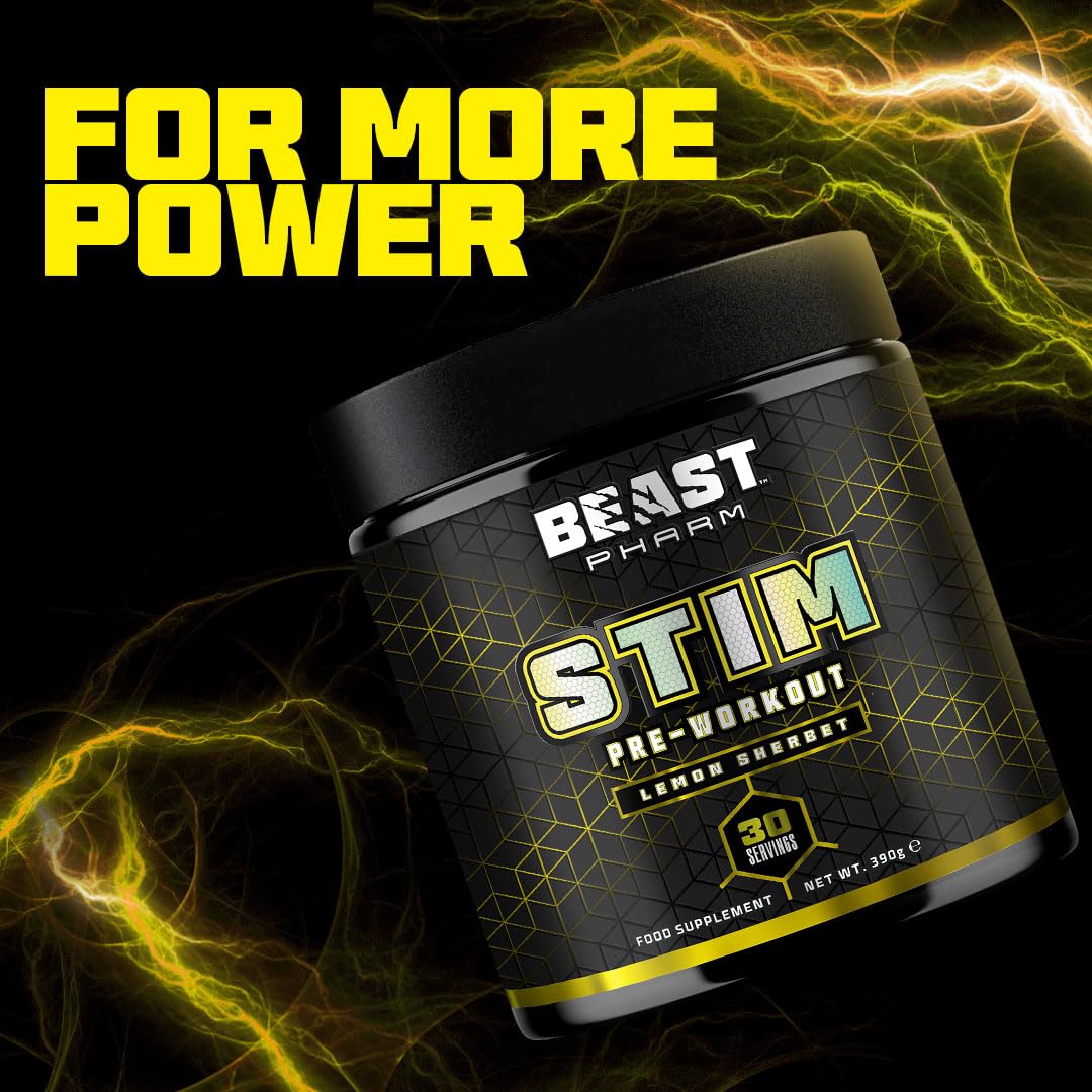 Beast Pharm STIM Pre Workout Powder 390g - Lemon Sherbet Flavor | Energy & Focus Booster for Gym, Fitness & Bodybuilding | Caffeine & Nitric Oxide Formula for Enhanced Performance