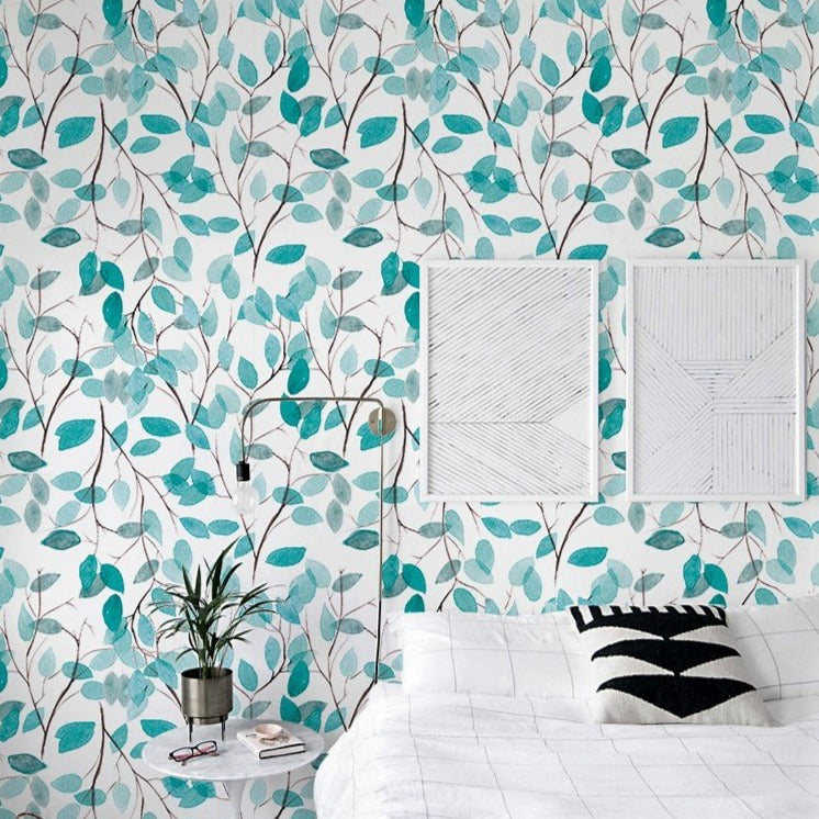 Boho Blue Green Leaves Peel and Stick Wallpaper CC016 - Self-Adhesive Removable Wallpaper for Bedroom, Living Room, Nursery & Home Decor