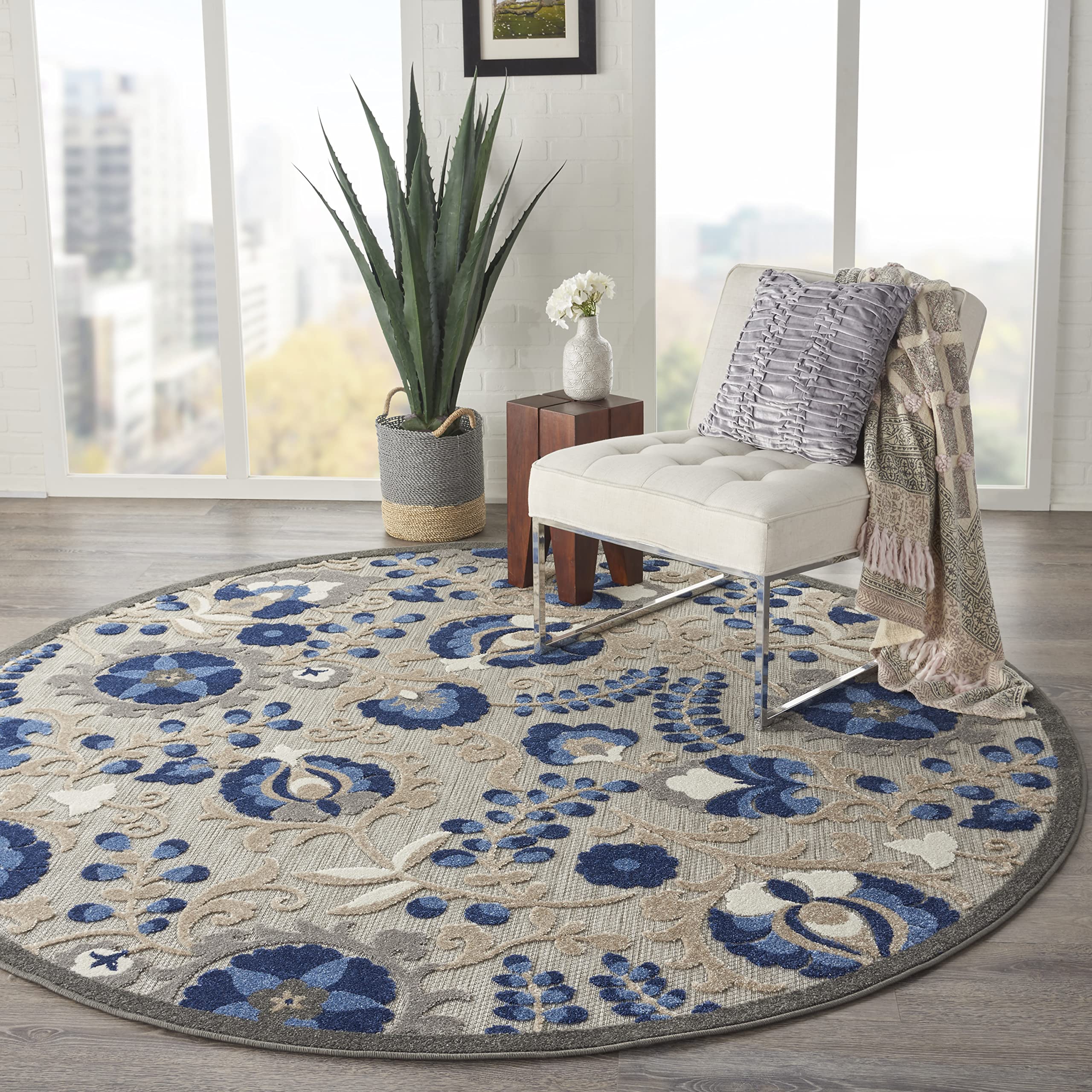 Nourison Aloha 8' Round Indoor/Outdoor Area Rug - Natural & Blue, Non-Shedding, Easy to Clean - Perfect for Living Room, Bedroom, Dining Room, Deck, Patio & Backyard