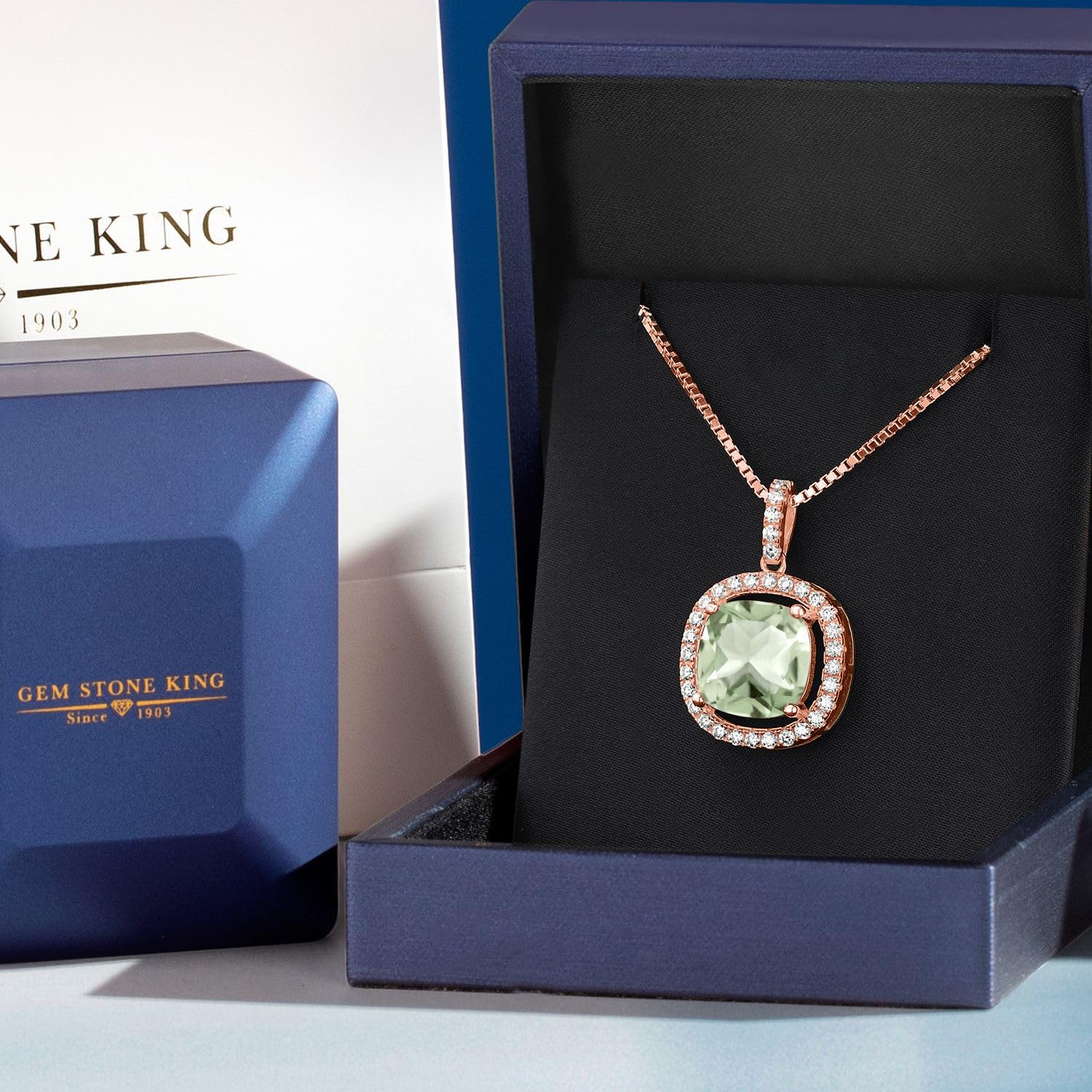 18K Rose Gold Plated Silver 12MM Cushion Birthstone & White Moissanite Necklace for Women | Halo Pendant with 18