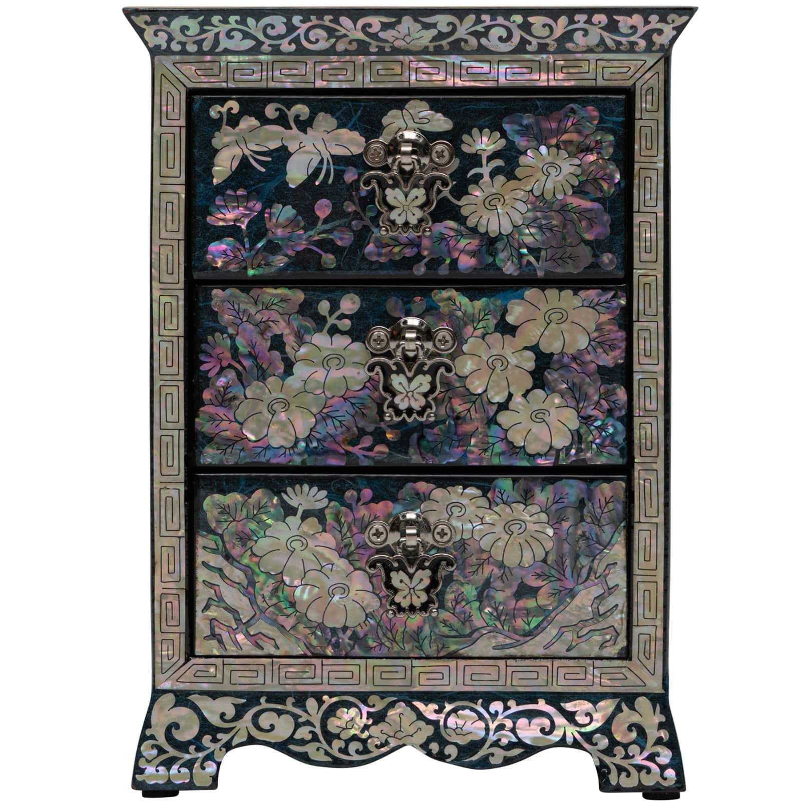February Mountain Mother of Pearl Wooden Jewelry Box with 3 Drawers - Necklace, Earring, Bracelet & Ring Organizer (Blue) | Perfect for Bedroom, Vanity & Travel Jewelry Storage