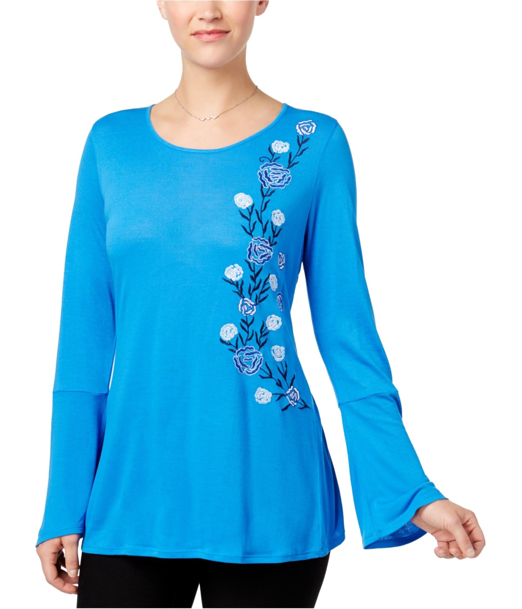 Women's Embroidered Pullover Blouse - Blue Floral Casual Top, Small Size, Soft Cotton Long Sleeve Shirt for Work, Date Night & Spring Outfits