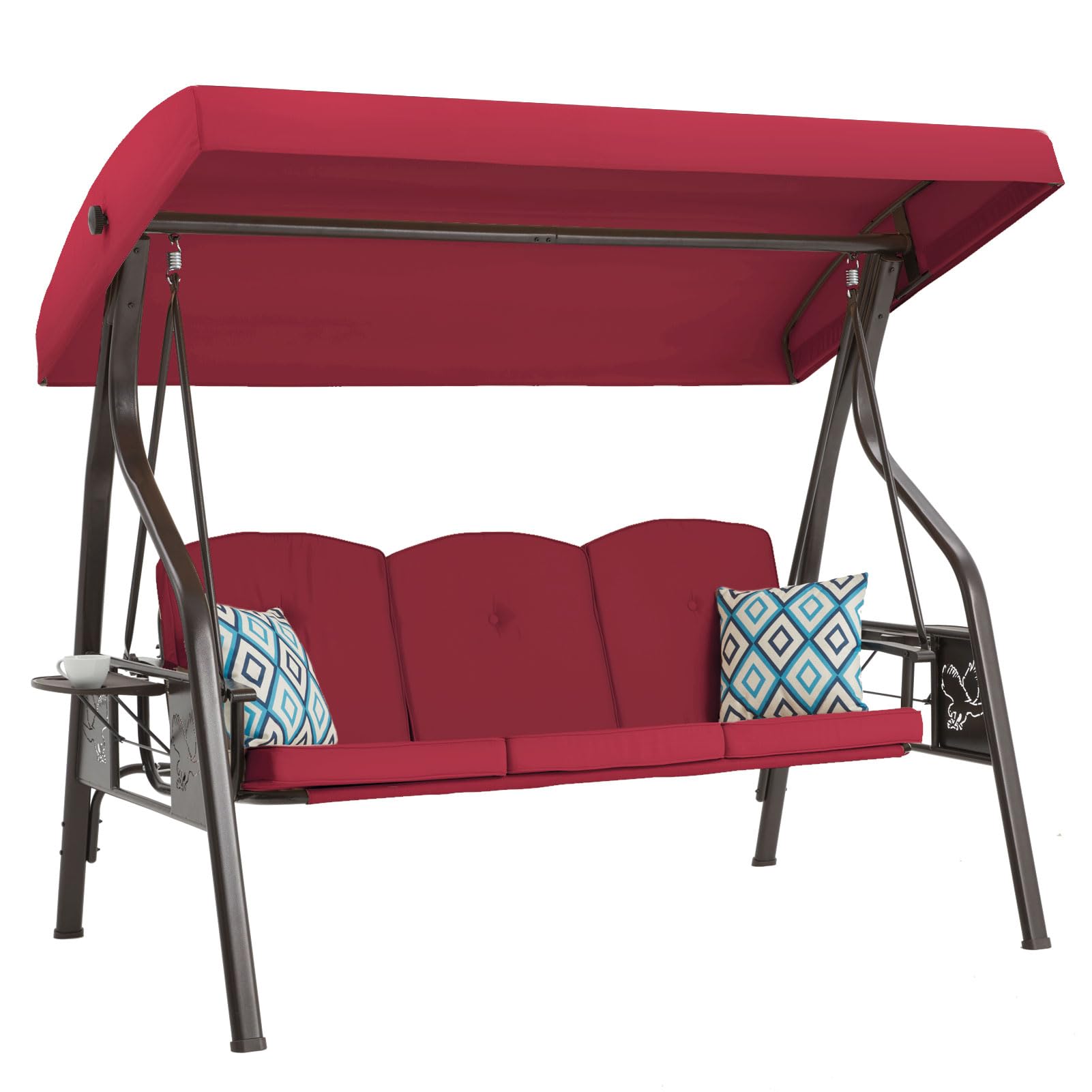 3-Seat Outdoor Porch Swing with Stand & Canopy - 2 in 1 Patio Swing Bed & Chair for Adults - Heavy Duty Yard Swing with Extra Pillows & Cup Holder (Wine Red) - Perfect for Backyard Relaxation, Garden Lounging & Outdoor Entertaining