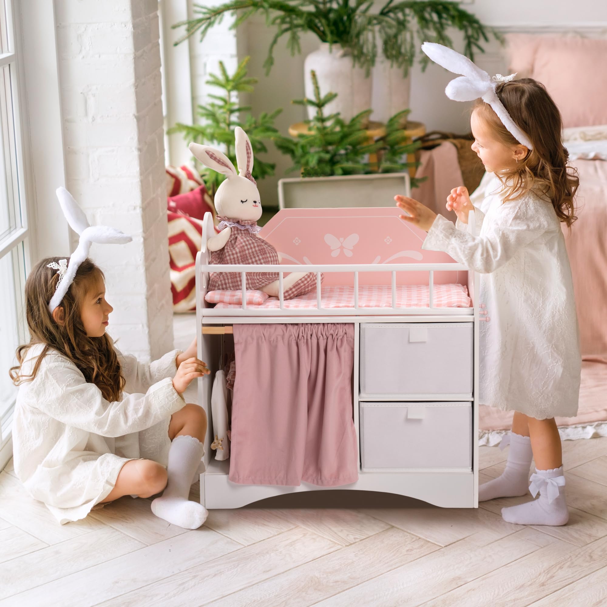 ROBOTIME Pink Wooden Doll Crib with Storage & Bedding - 21