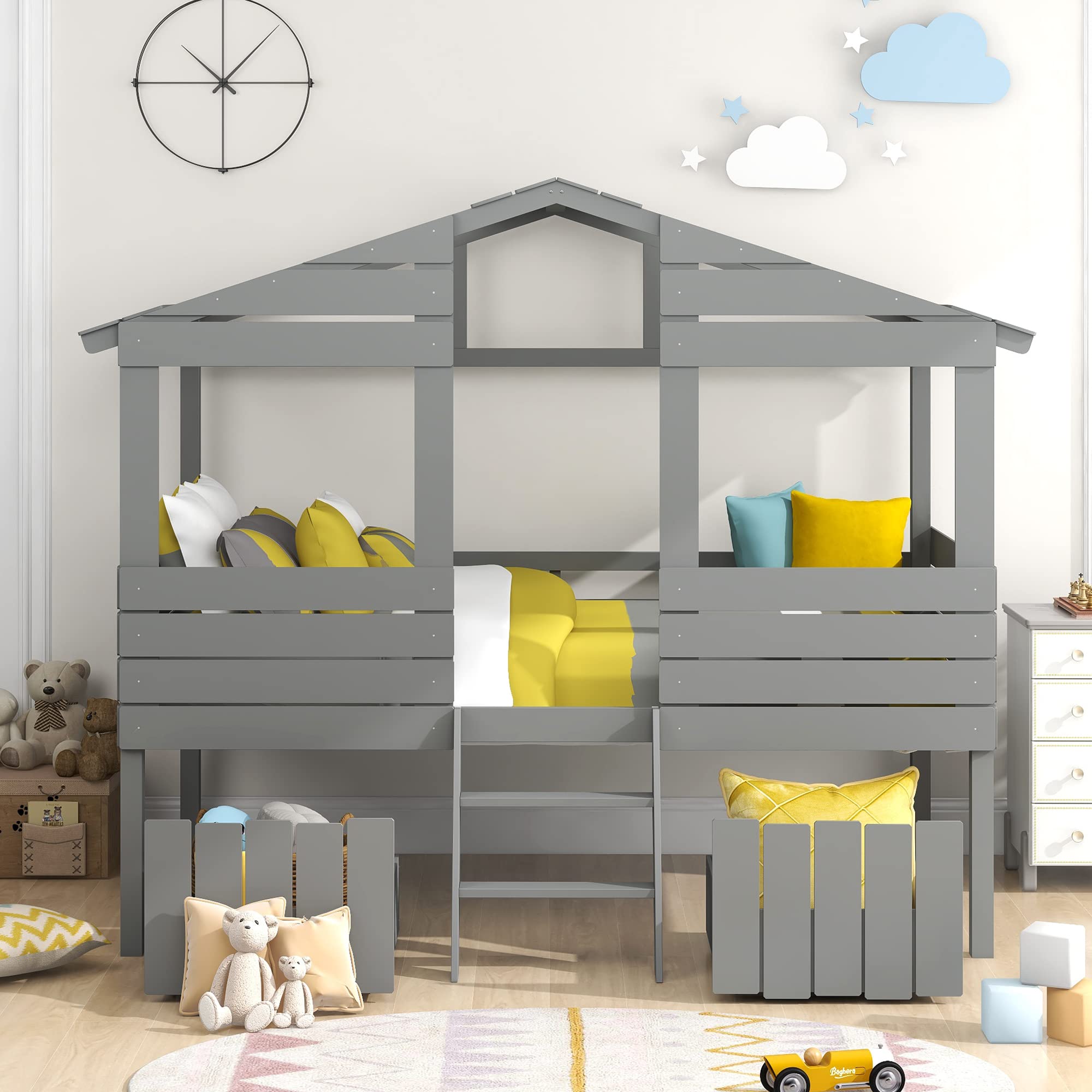 Kids Twin Size Wood Loft Bed with Two Drawers, Windows & Roof Design - Fence-Shaped Guardrails & Short Ladder - Perfect for Boys & Girls Bedrooms (Gray) - Space-Saving Solution for Small Rooms & Fun Sleepovers