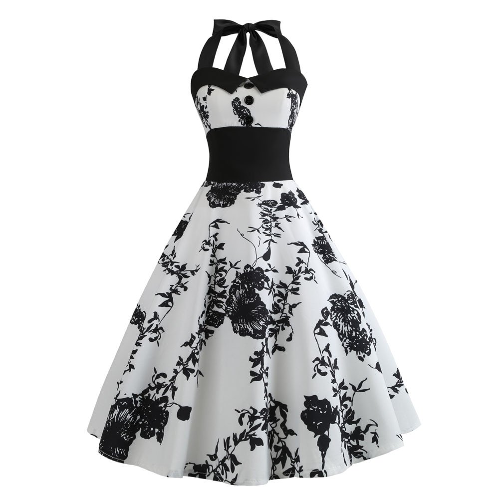 Vintage Floral Print Swing Halter Bodycon Dress - Sleeveless Women's Party Prom Evening Dress - Elegant & Sexy for Night Out, Date Night, Cocktail Party
